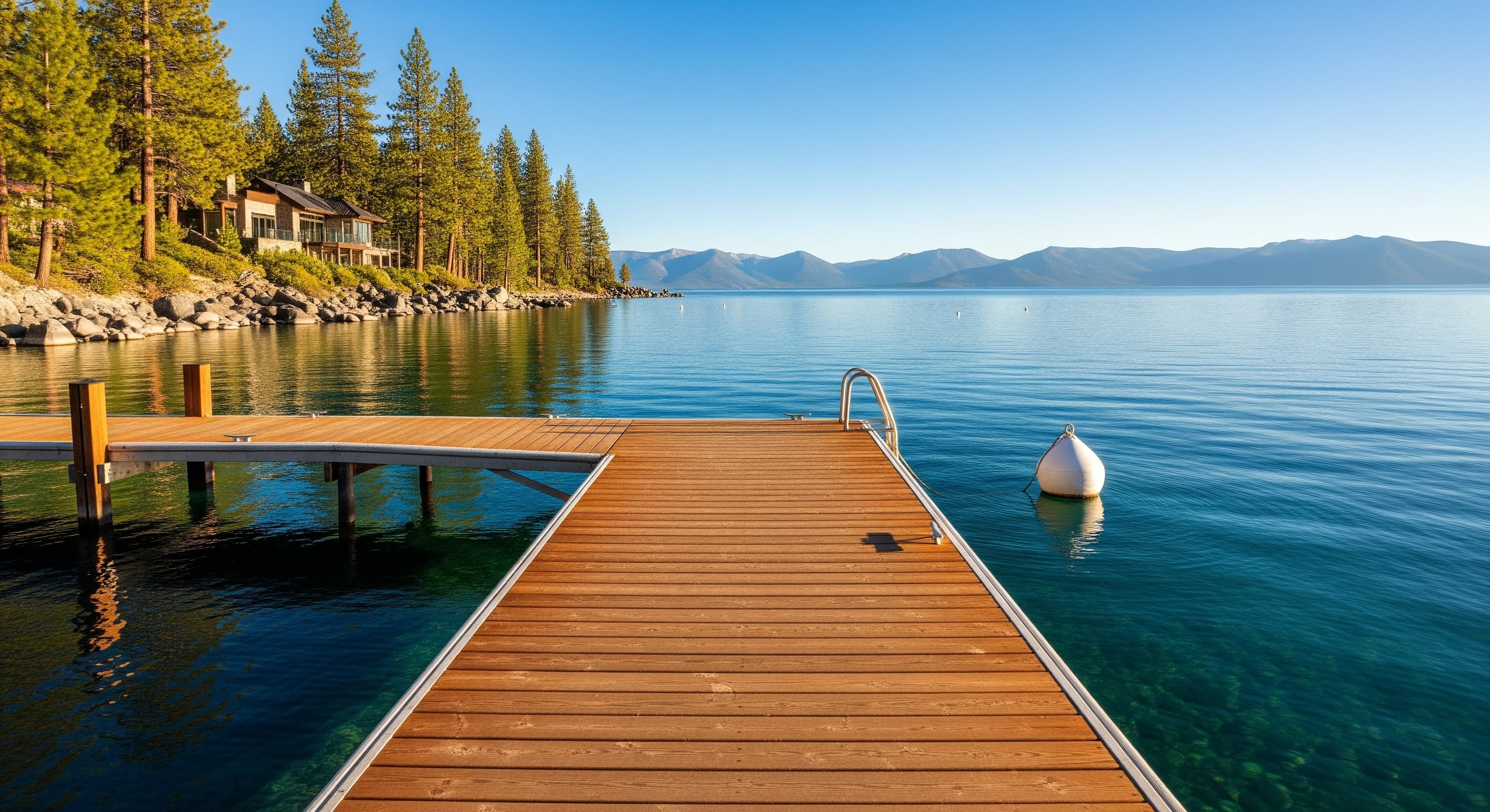 Lake Tahoe lakefront pier and buoy overview